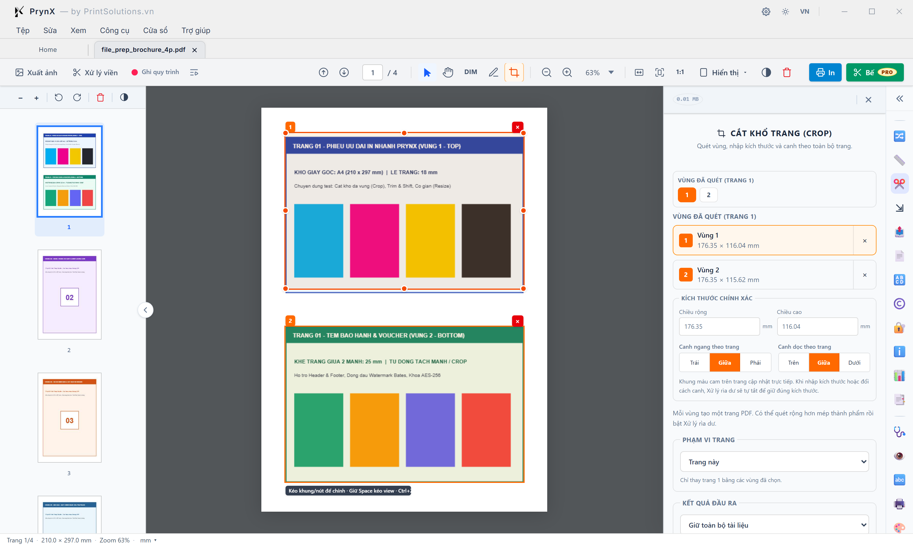 Giao diện Cắt khổ trang (Crop PDF — Phím tắt C): Kéo chọn nhiều vùng độc lập trên cùng 1 trang (Vùng 1, Vùng 2), Tinh chỉnh W × H (mm), Canh lề & Tách vùng thành trang riêng
