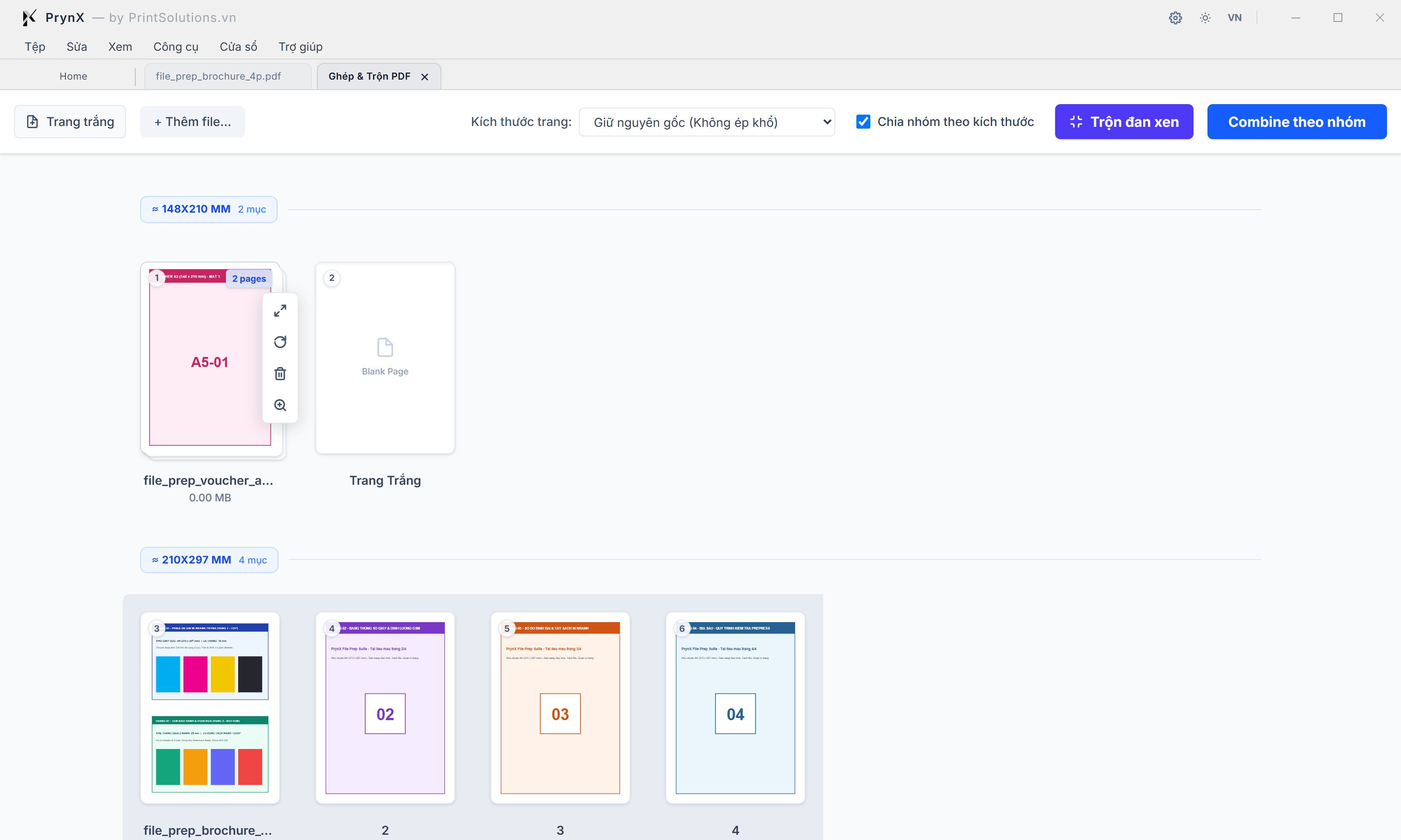 Không gian Ghép nối Tài liệu (Combine PDF Workspace): Chia nhóm tự động theo kích thước trang, Xổ rời từng trang của cụm PDF, Chèn trang trắng, Trộn đan xen & Ghép theo nhóm