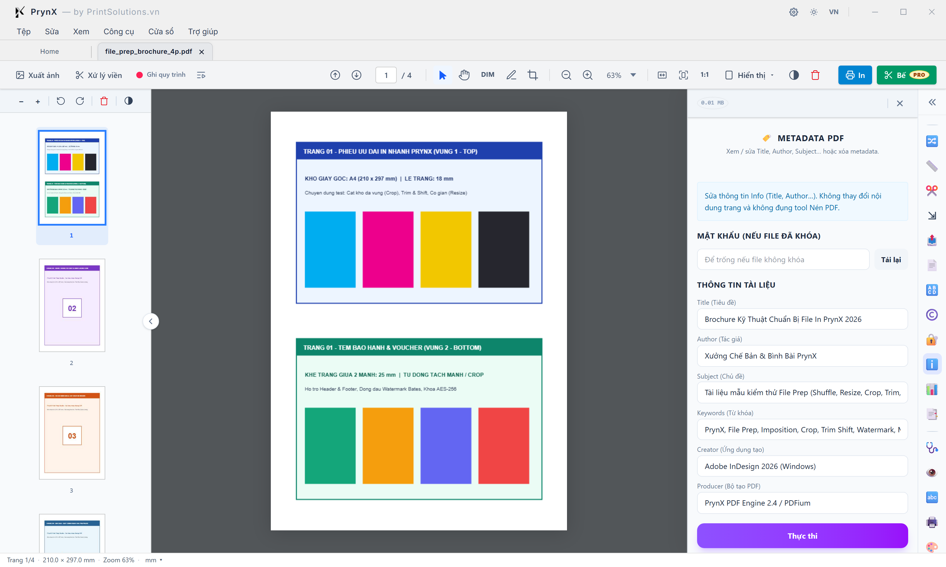 Giao diện Metadata PDF (Thông tin thuộc tính tài liệu): Đọc & Chỉnh sửa 6 trường chuẩn (Title · Author · Subject · Keywords · Creator · Producer)