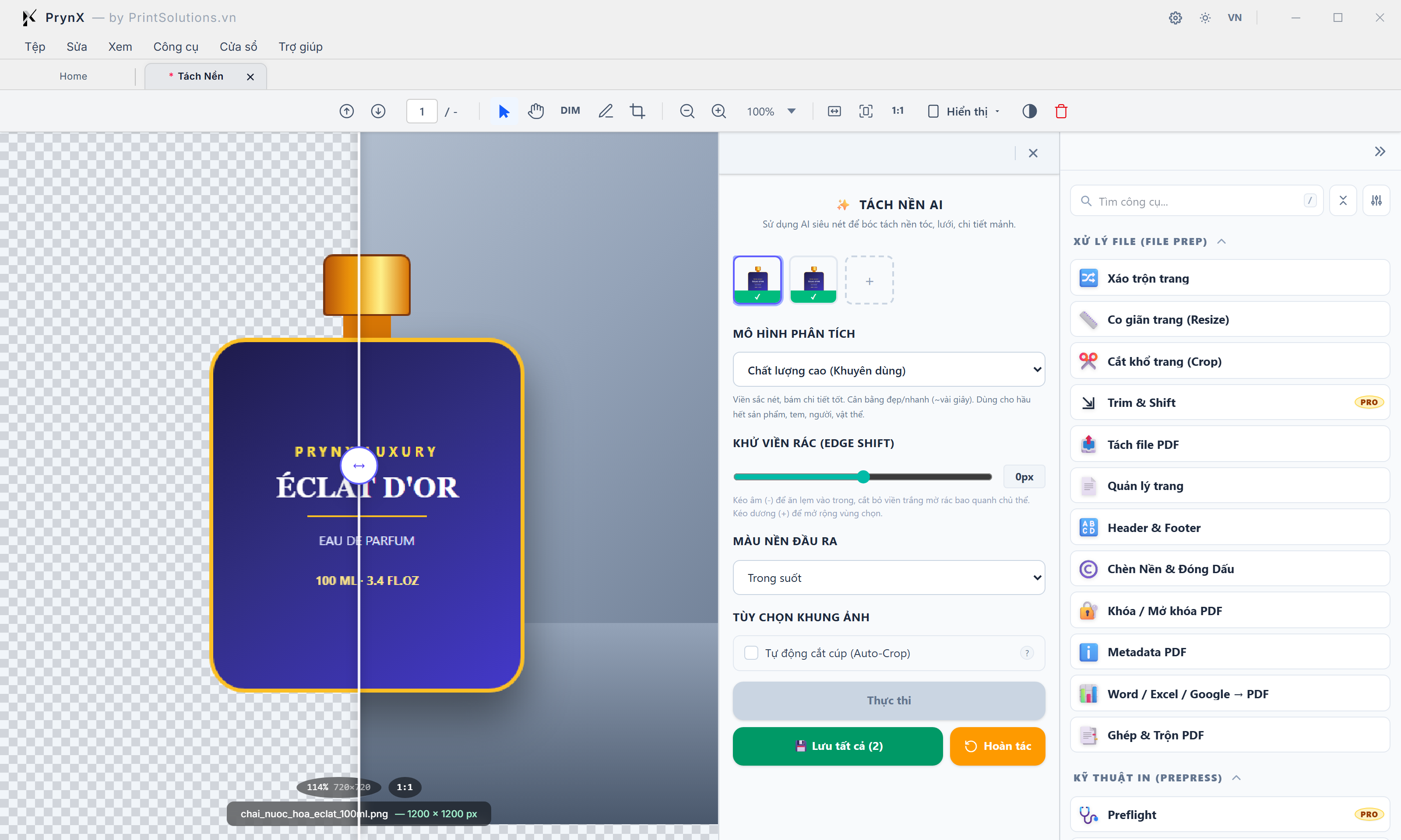 Giao diện Tách Nền AI (BgRemoverTool & ImageBatchPreview): Thanh kéo Trước/Sau, 3 Mô hình AI chuyên biệt, Khử viền lem sáng quanh mép ảnh & Lưu hàng loạt