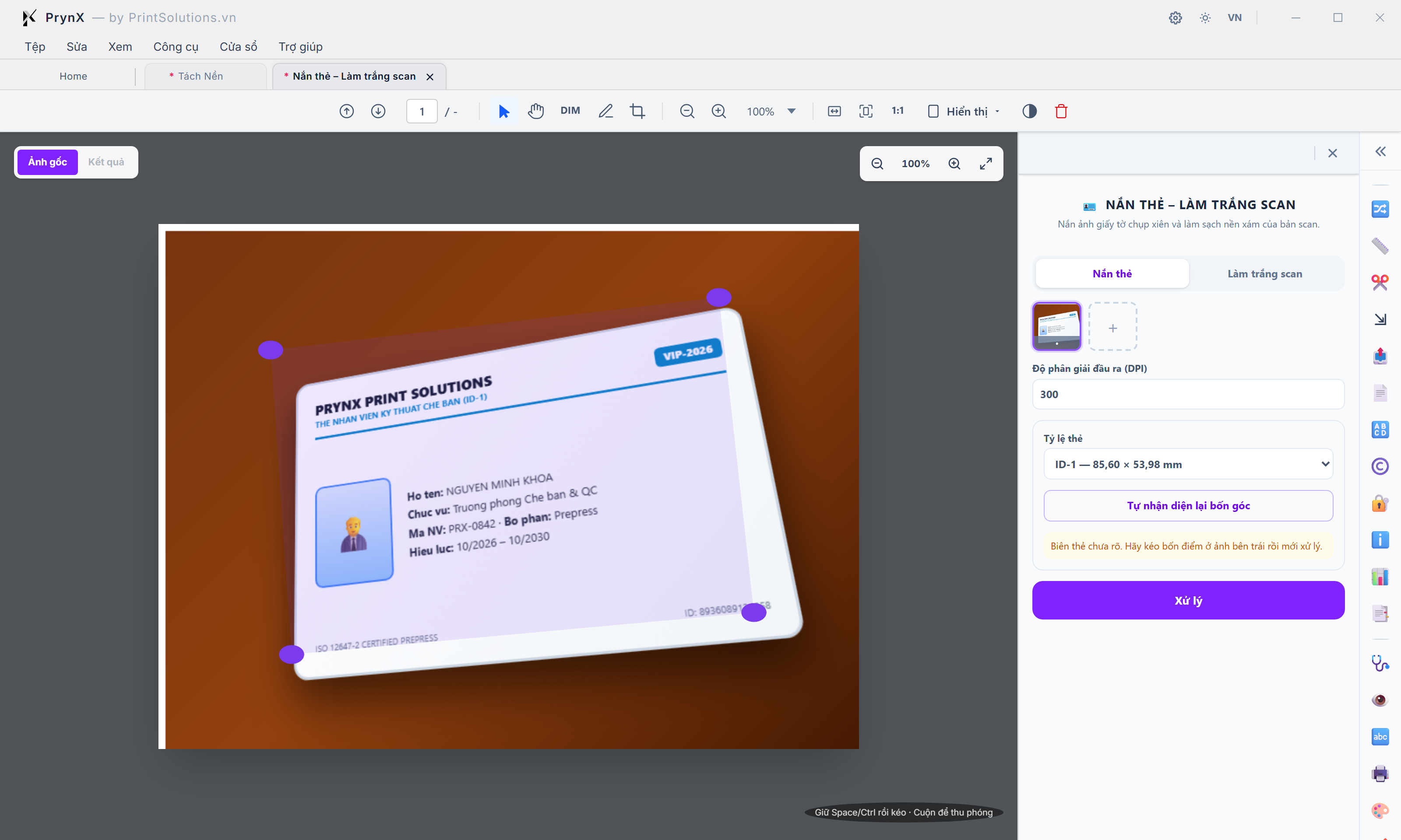 Chế độ Nắn thẻ (DocumentCleanupTool — Card Mode): Đa giác 4 đỉnh kéo thả trực tiếp, Tỷ lệ chuẩn ISO ID-1 & Độ phân giải 300 DPI
