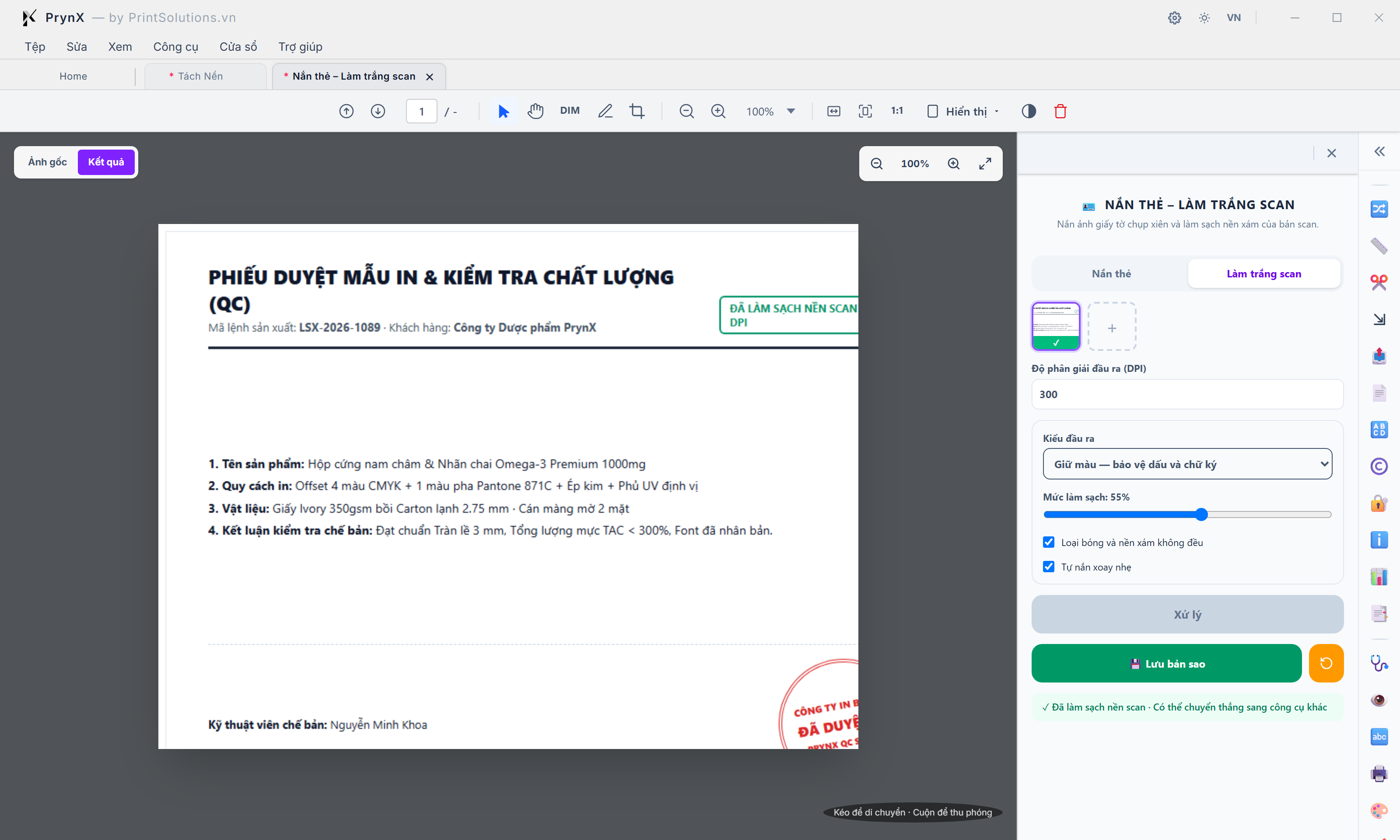 Chế độ Làm trắng scan (DocumentCleanupTool — Scan Mode): Bảo vệ màu con dấu đỏ & chữ ký tươi, Khử bóng đèn không đều & Tự nắn xoay nhẹ