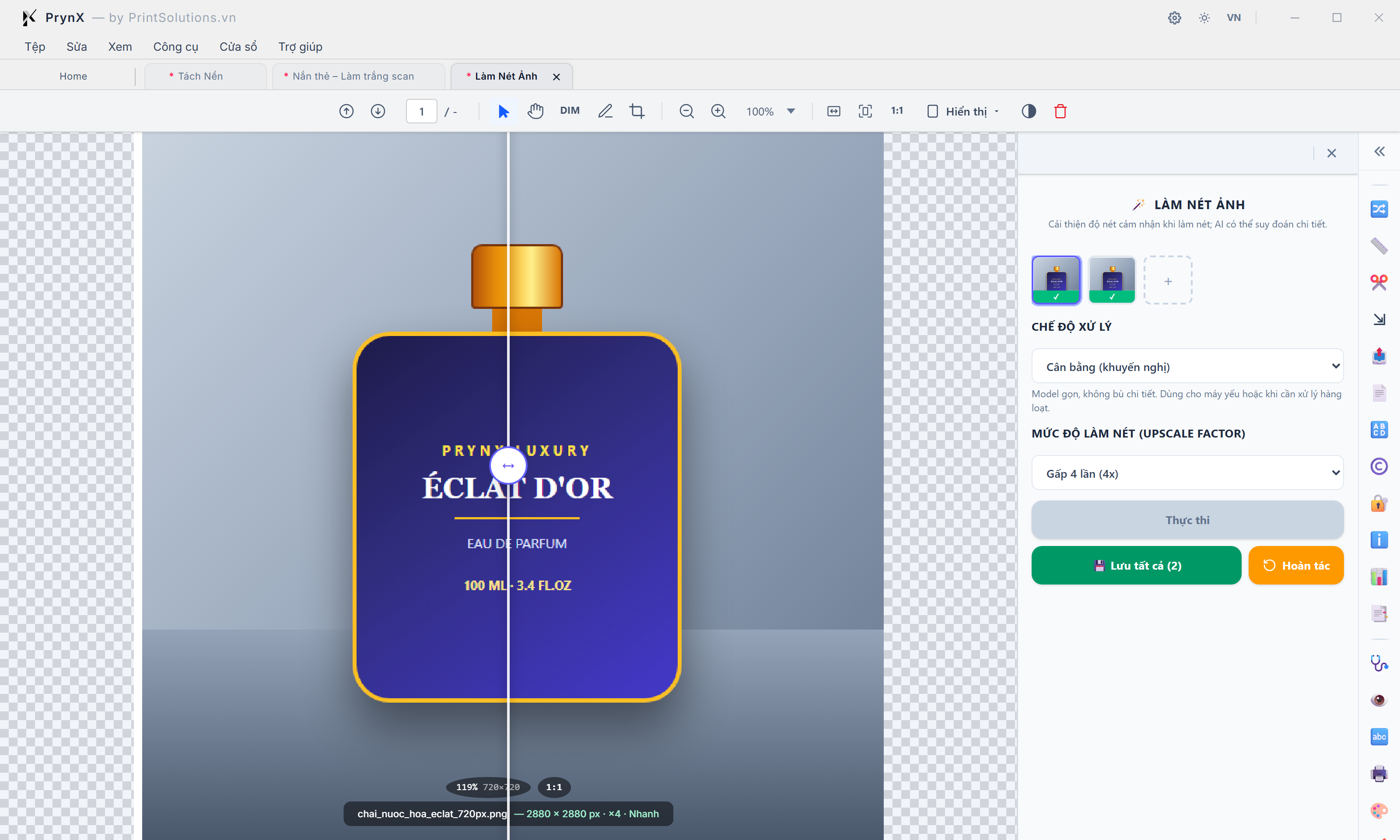 Giao diện Làm Nét Ảnh AI (UpscaleTool & ImageBatchPreview): Tái tạo chi tiết 2×/4×, Soi điểm ảnh 1:1 & Xử lý hàng loạt