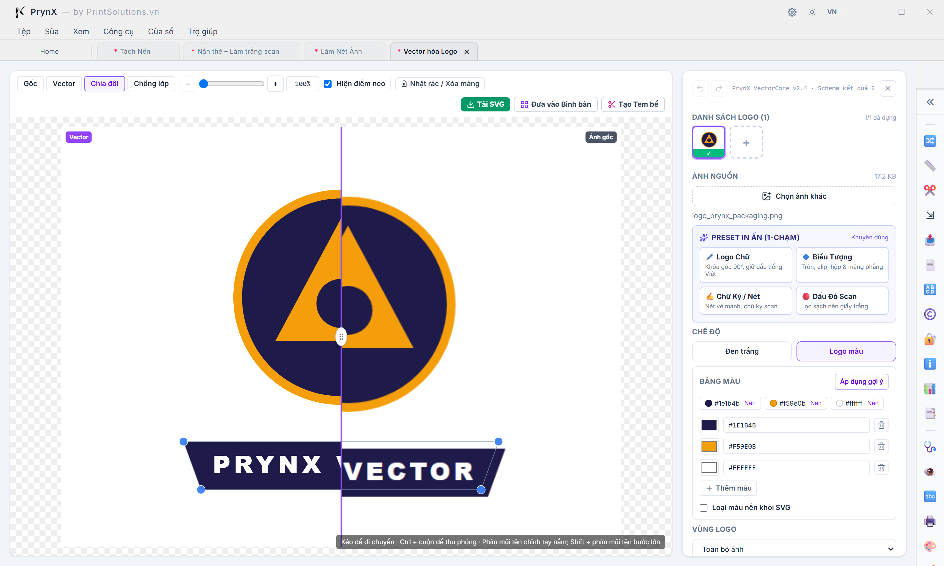 Trình Vector hóa Logo (LogoRebuildWorkspace): Đối chiếu Vector/Raster chia đôi, Tinh chỉnh điểm neo (node nét vẽ), 4 Preset in ấn 1-chạm & Liên thông Bình bản / Tem bế