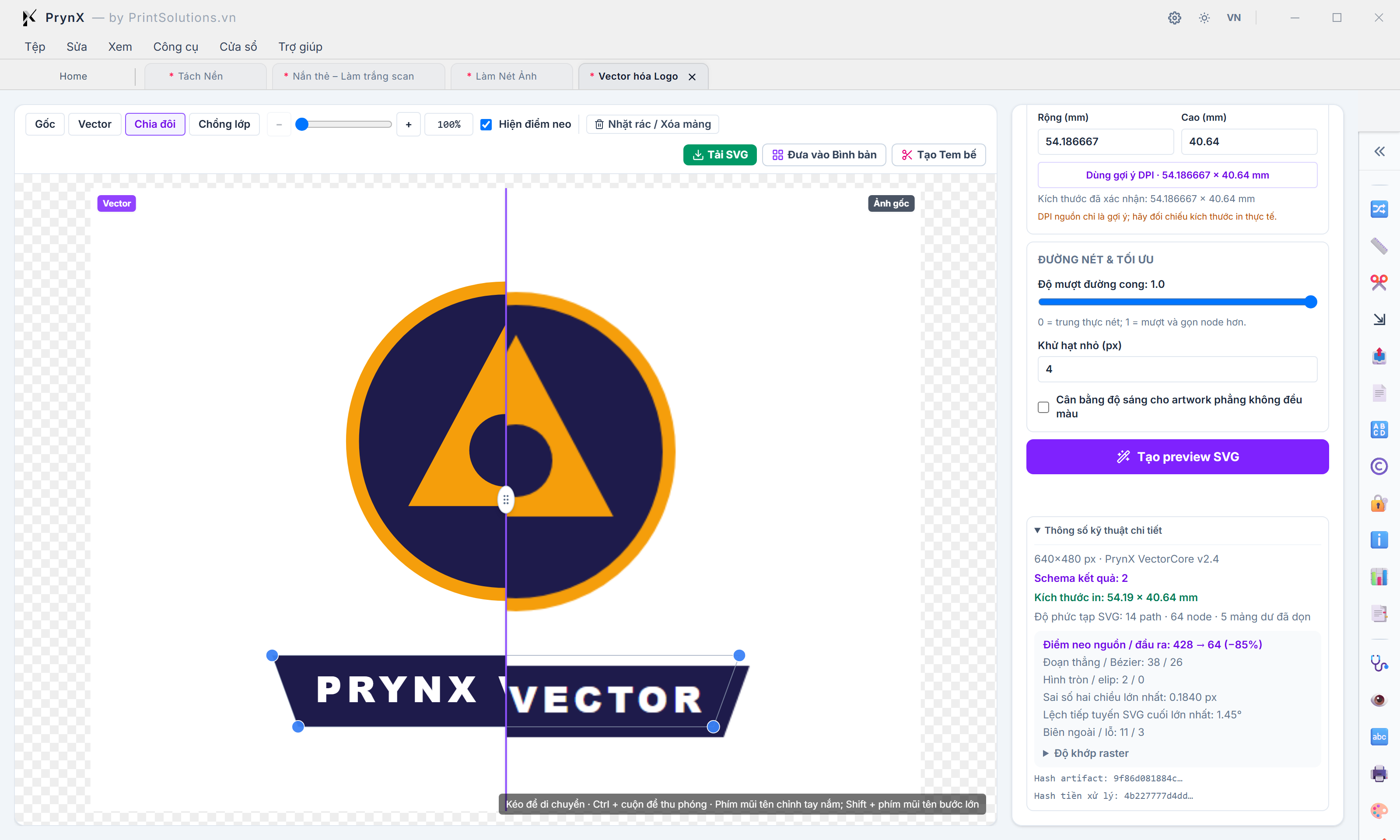 Cấu hình nâng cao Vector hóa Logo: Khóa vùng Logo, Xác nhận kích thước in (mm), Độ mượt đường cong & Bảng thông số kỹ thuật chi tiết