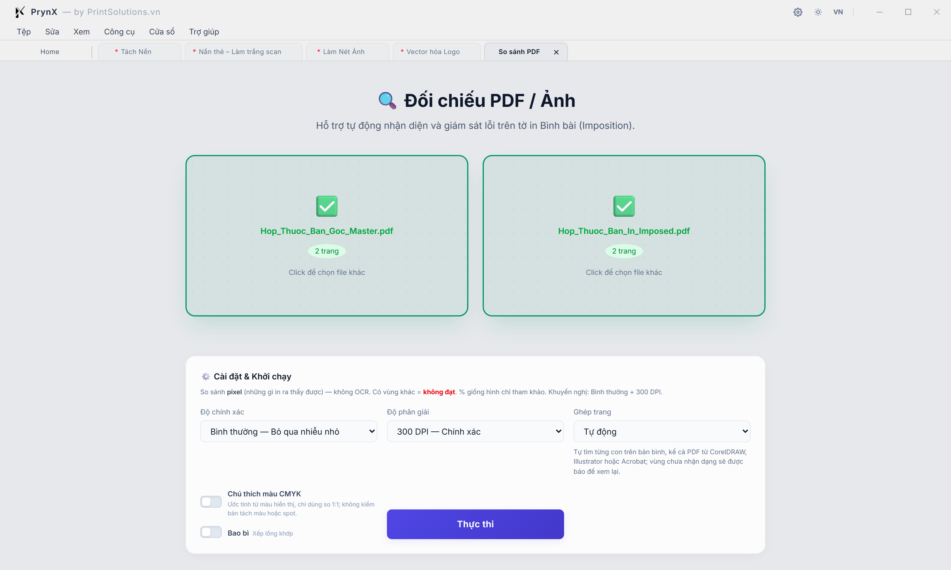 Màn hình Thiết lập Đối chiếu PDF / Ảnh (CompareTool): Nạp cặp Tài liệu Gốc / Mới, Độ chính xác, Độ phân giải 300 DPI & Chế độ Bao bì xếp lồng