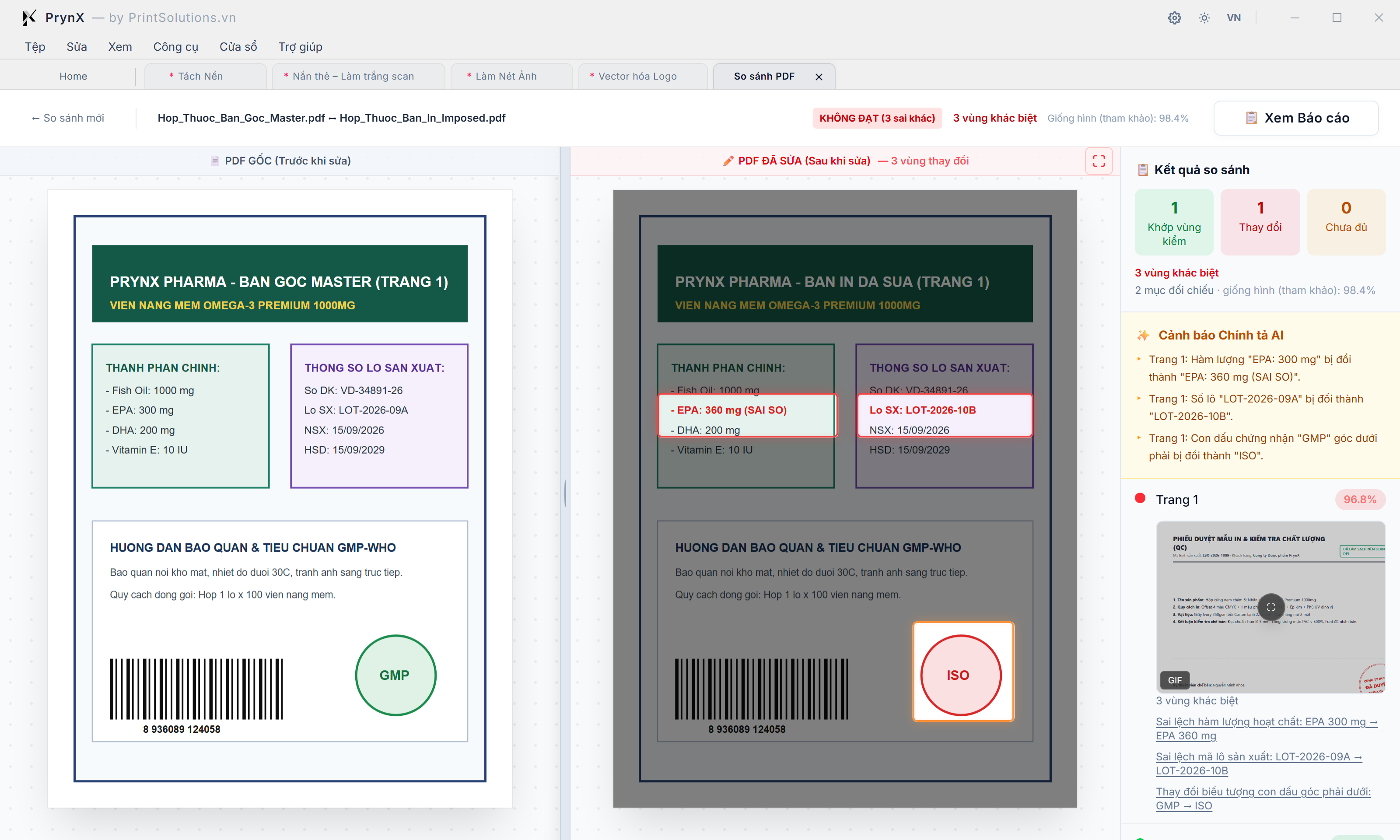 Không gian Nghiệm thu Kết quả Đối chiếu (CompareTool Results): Cuộn đồng bộ 2 cột, Khoanh vùng sai lệch tự động, Cảnh báo Chính tả AI & Xuất Báo cáo QC