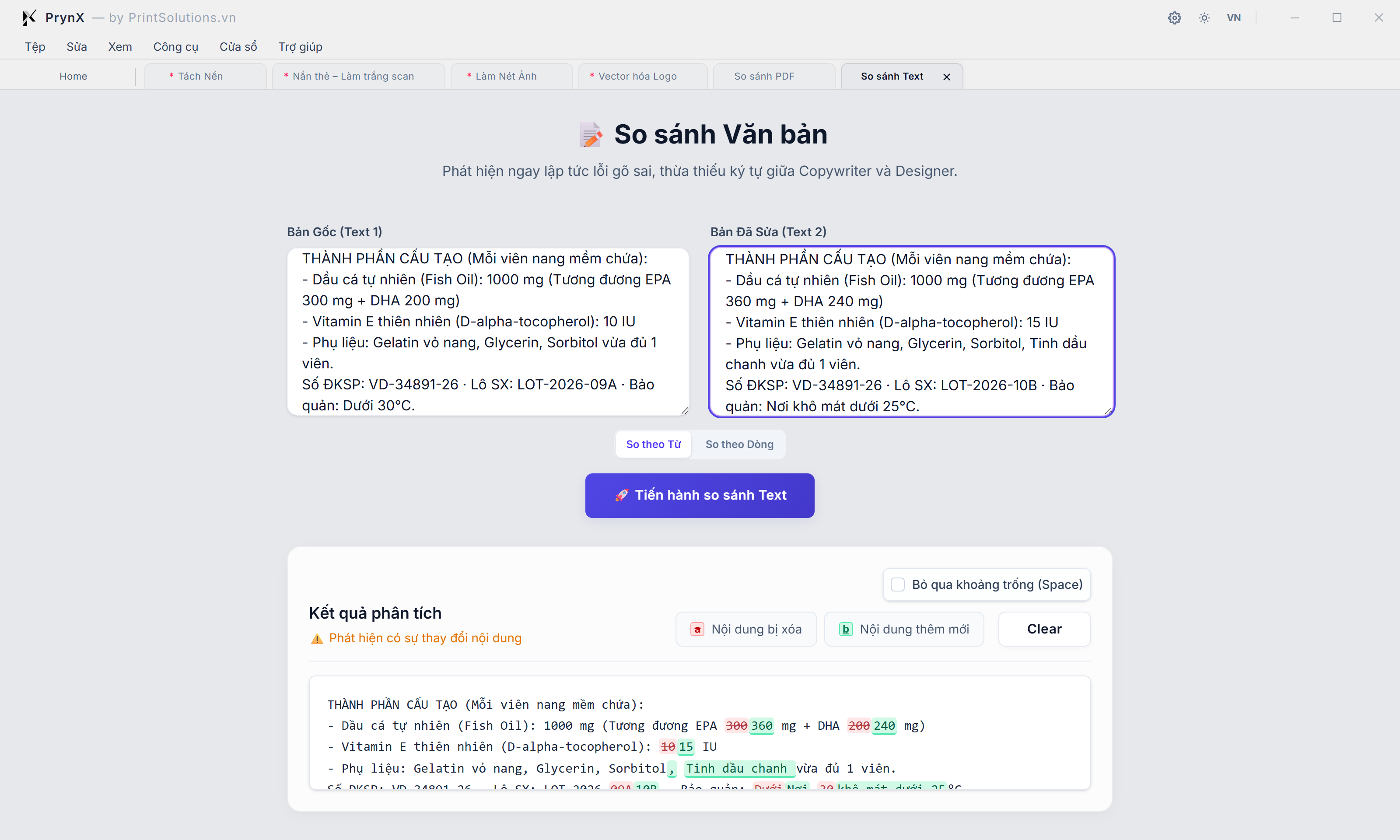 Giao diện So sánh Văn bản (TextCompareTool): Đối chiếu Bản gốc vs Bản đã sửa, Chế độ So theo Từ / Dòng & Đánh dấu Đỏ/Xanh trực quan
