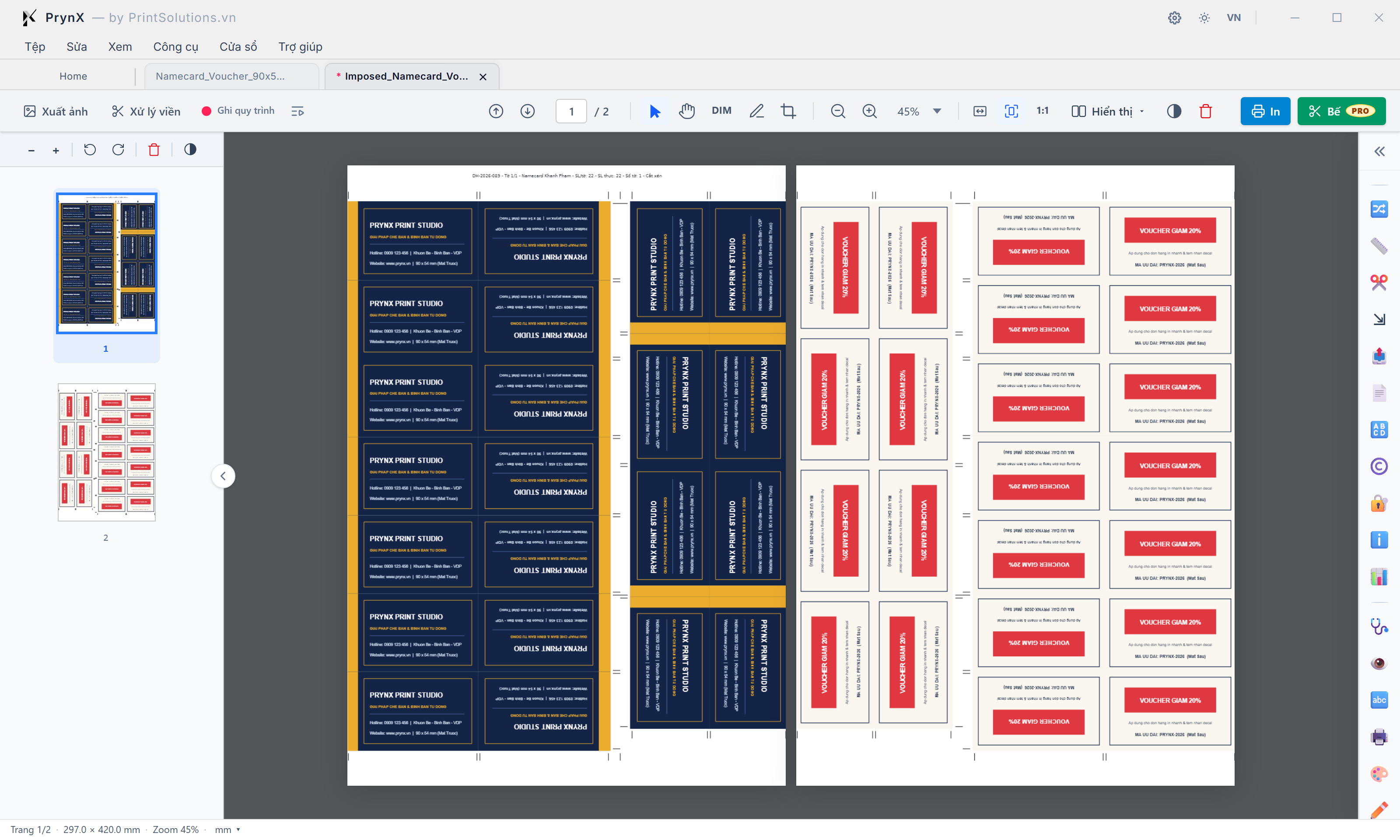 Tờ in Thành phẩm 2 Mặt trên Chế độ "Xem hai trang" (*Imposed_Namecard_Voucher_90x54mm_2Mat_.pdf)