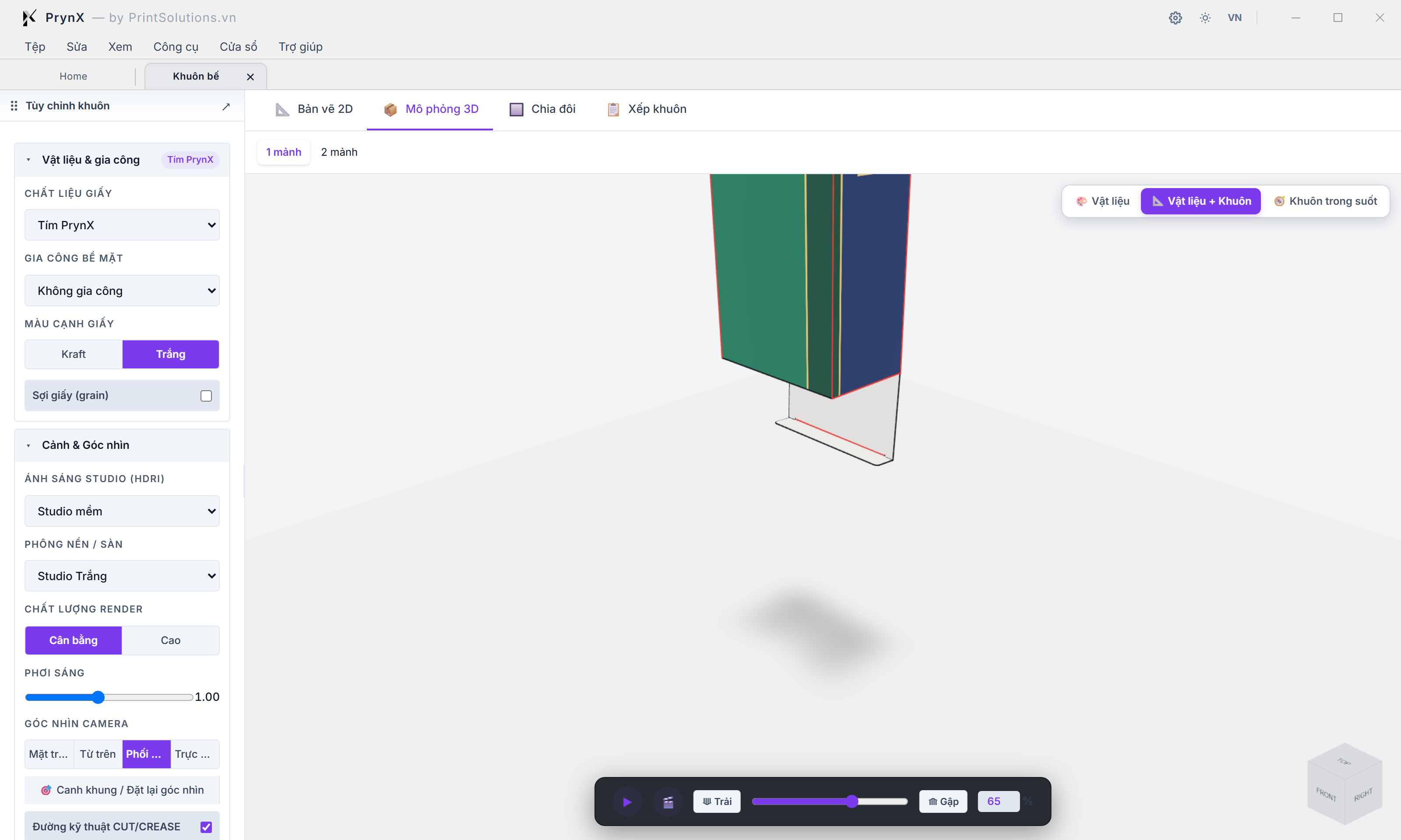 Tab 📦 Mô phỏng 3D (DielineScene3D & MockupPanel): Chất liệu giấy, Gia công bề mặt, Màu cạnh giấy, Ánh sáng HDRI & Thanh điều khiển độ gập 0–100%
