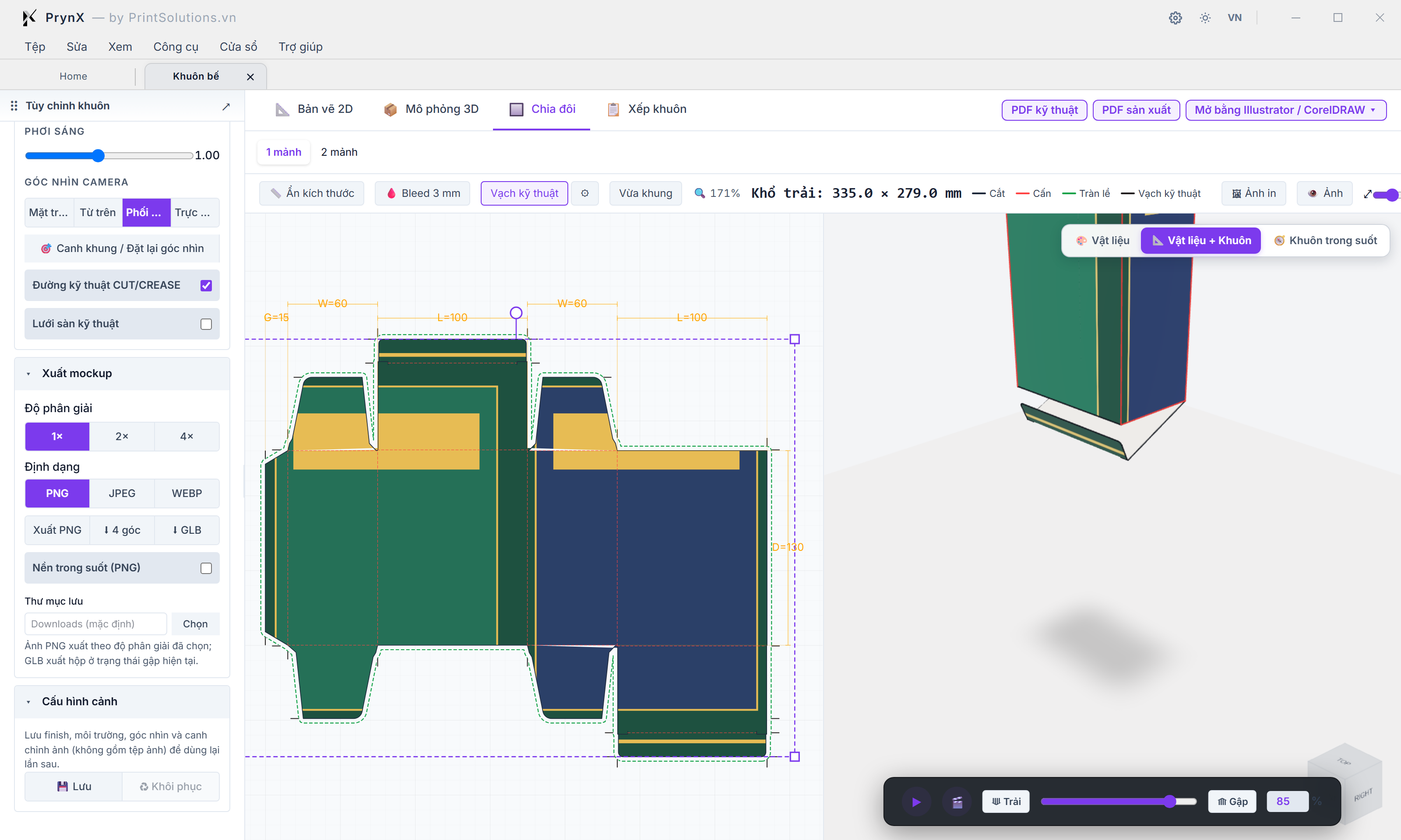 Tab 🔲 Chia đôi (Split View 2D + 3D) & Bảng Xuất Mockup Độ phân giải cao (1× / 2× / 4× · PNG trong suốt · Chụp 4 góc · Xuất file GLB 3D)