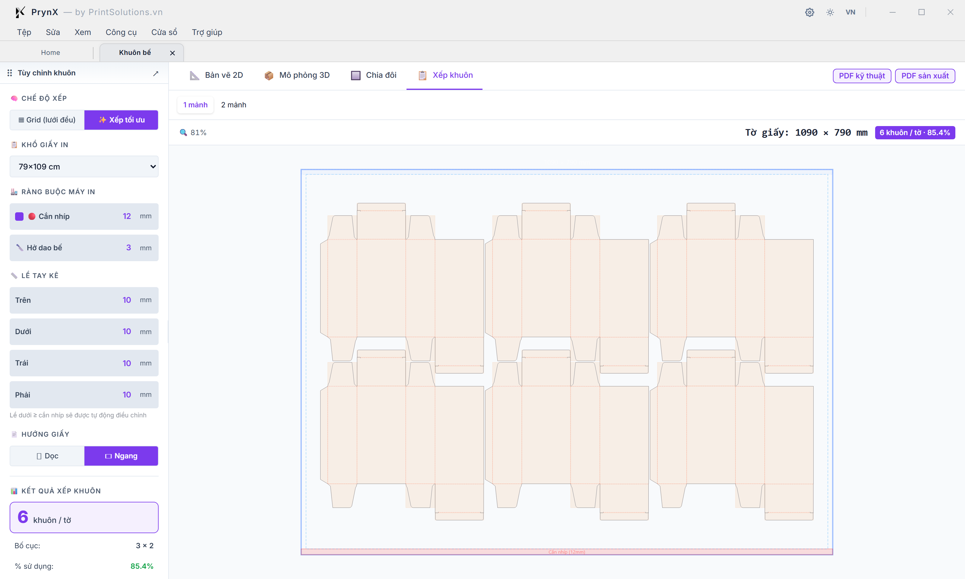 Tab 📋 Xếp khuôn (NestingPanel & NestingCanvas): Chế độ Xếp tối ưu (Cài răng lược xoay 180°), Khổ giấy in 79×109 cm, Cắn nhíp 12 mm & Hở dao bế 3 mm