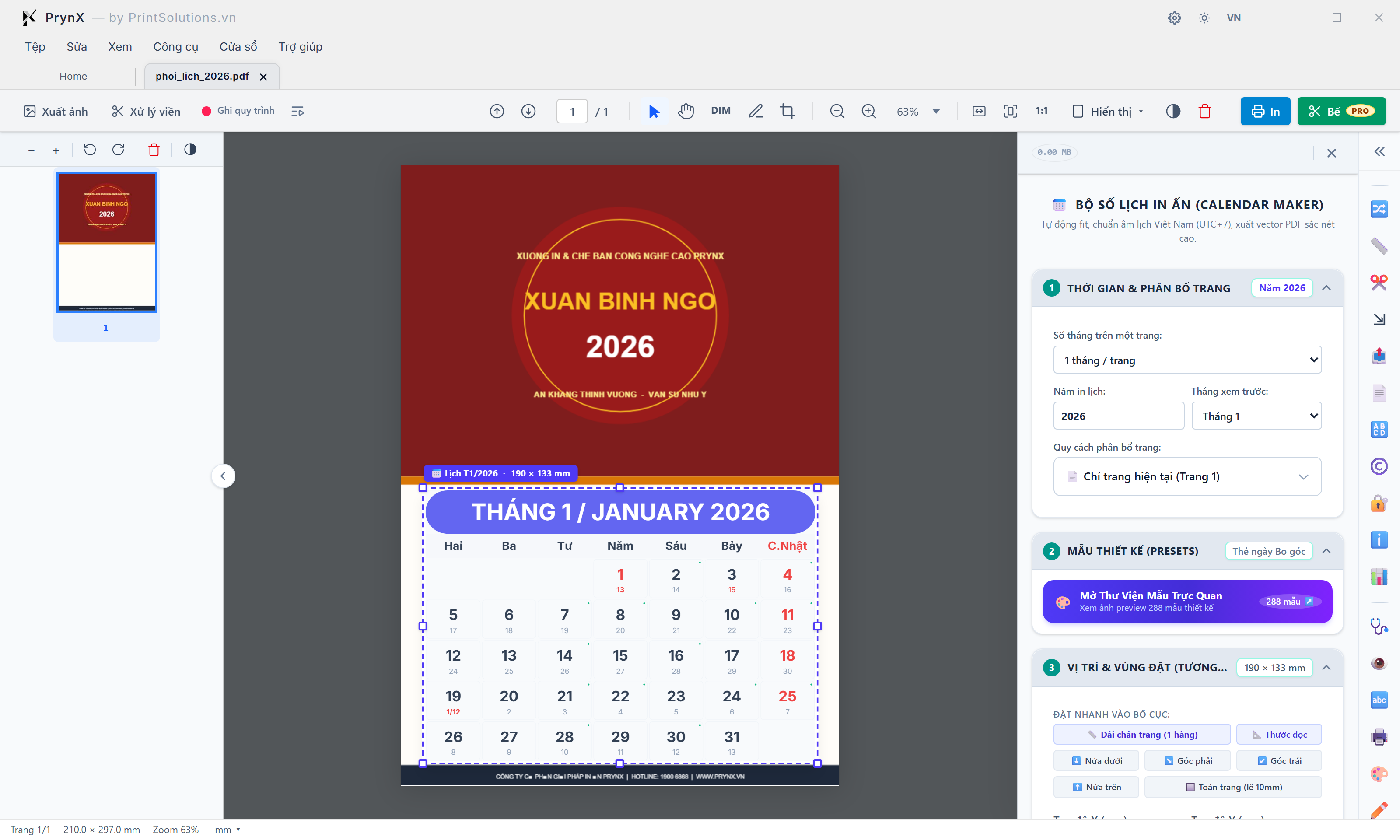Bước 1 (Thời gian & Phân bổ trang), Bước 2 (Mẫu thiết kế 288 Presets), Bước 3 (7 Nút đặt nhanh vào bố cục) & Khung Bộ số lịch trực quan trên PDF