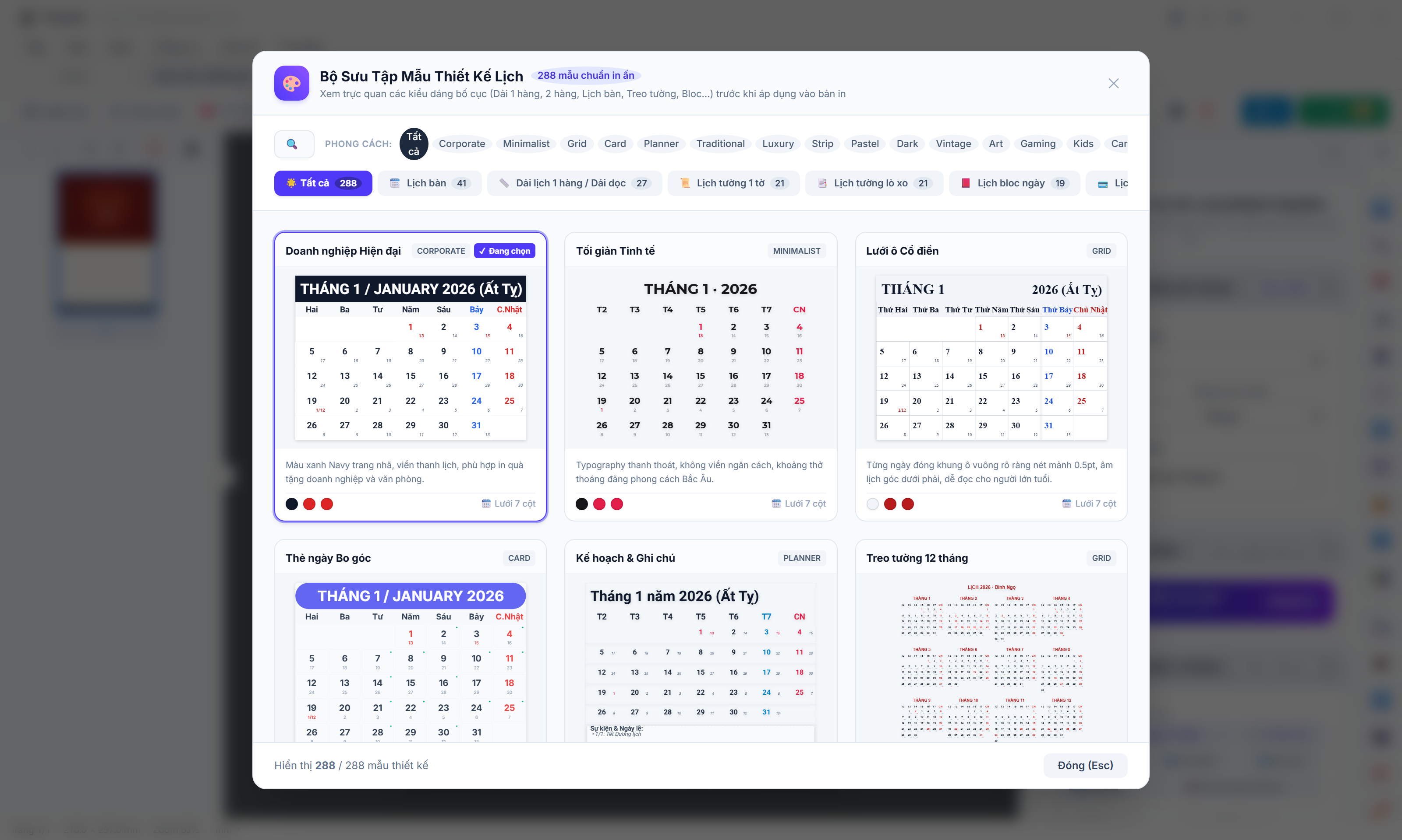 Hộp thoại Bộ Sưu Tập Mẫu Thiết Kế Lịch (288 mẫu chuẩn in ấn — Lọc theo 15 Phong cách & 7 Loại lịch)