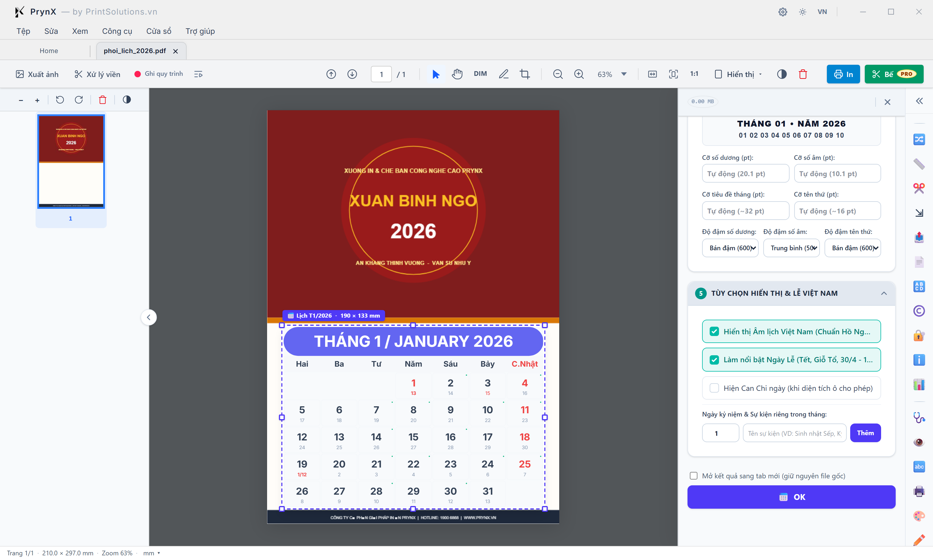 Bước 4 (Tab Cỡ & Font: Cỡ số dương/âm/tiêu đề/tên thứ & Độ đậm) và Bước 5 (Tùy chọn Âm lịch Hồ Ngọc Đức UTC+7, Ngày Lễ Việt Nam & Sự kiện riêng)